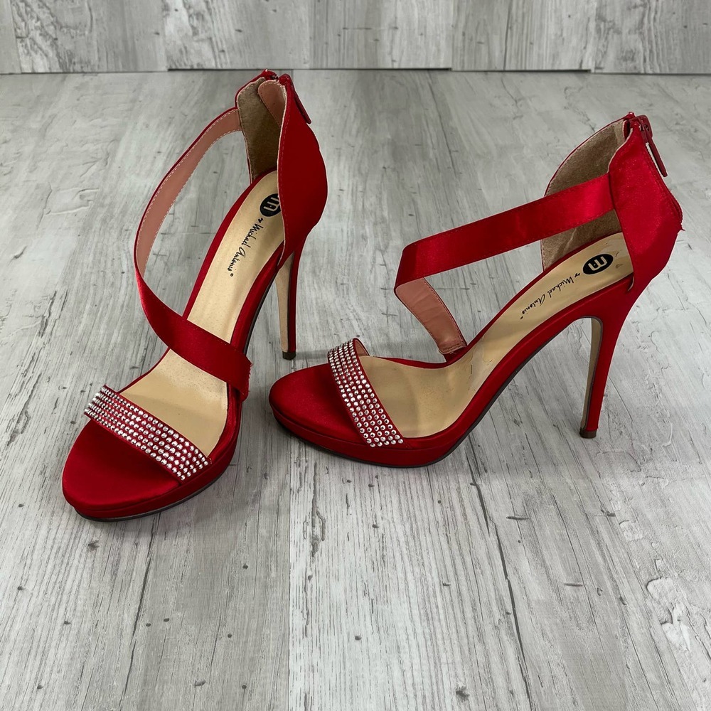 Michael Antonio Red Rhinestone Back Zip Ankle Wrap 4" High Heels Shoes Size: 8.5